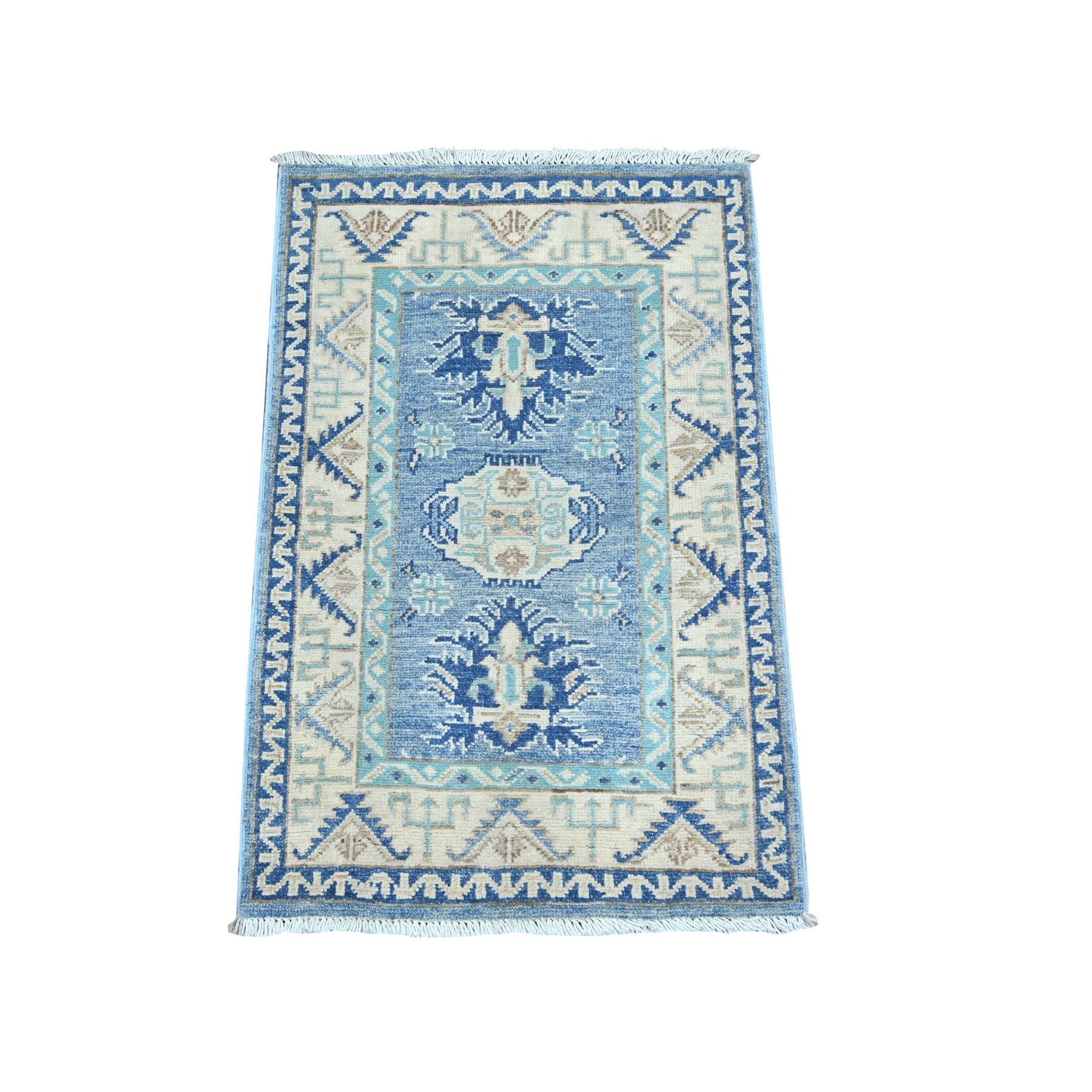 1'10"x2'9" Yonder Blue, Vintage Look Kazak with Tribal Design, Hand Knotted, 100% Wool, Natural Dyes, Mat, Sample, Oriental Rug 